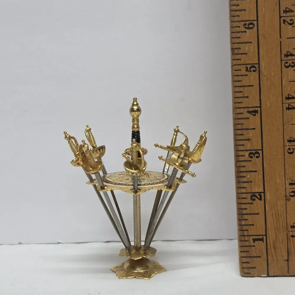 Vintage MCM TOLEDO Cocktail Picks Barware Mini Swords Set Of 8 Spain With Holder